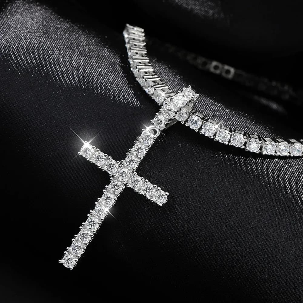 Knobspin Certified Moissanite Cross Tennis Necklace in 925 Silver