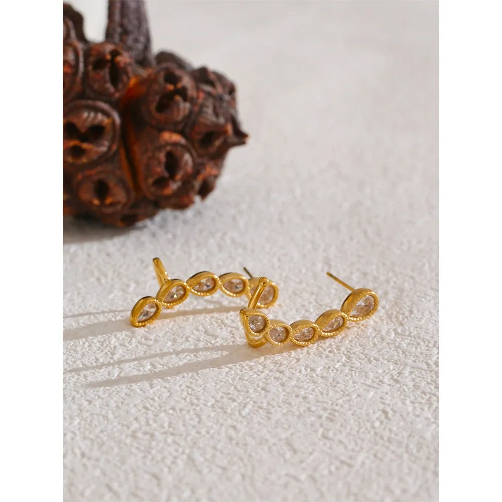 Yhpup Geometric Cubic Zirconia Stud Earrings in Gold PVD Steel